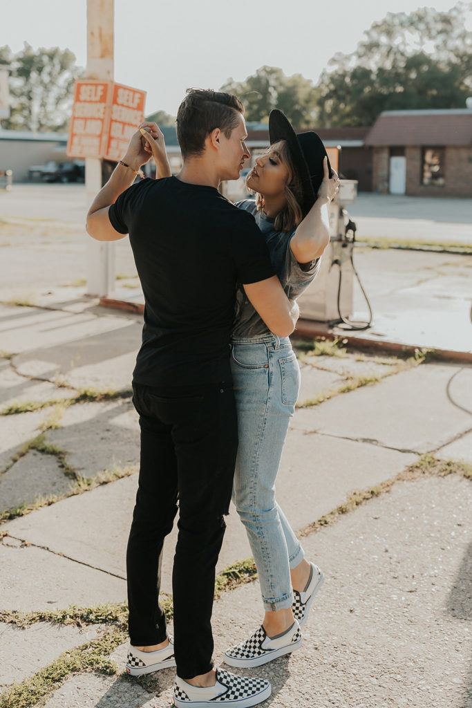 couples photo shoot at an abandoned gas station in madison, WI