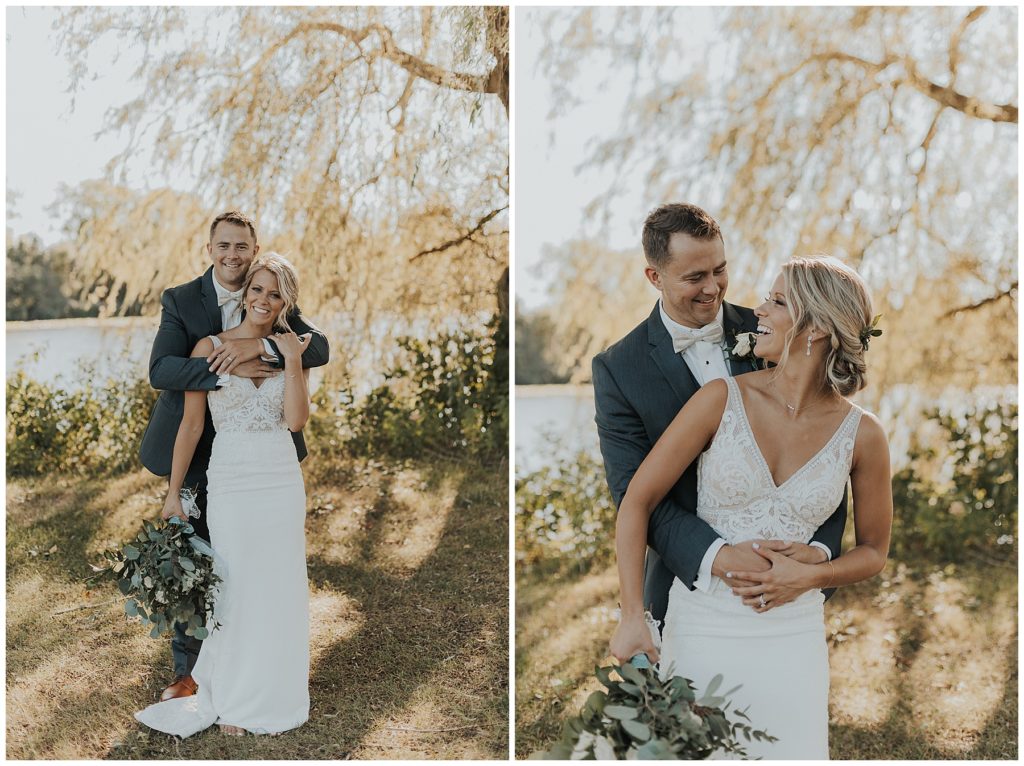 bride and groom portraits, bride wearing a white sleeveless gown and holding a bouquet of white roses and eucalytpus