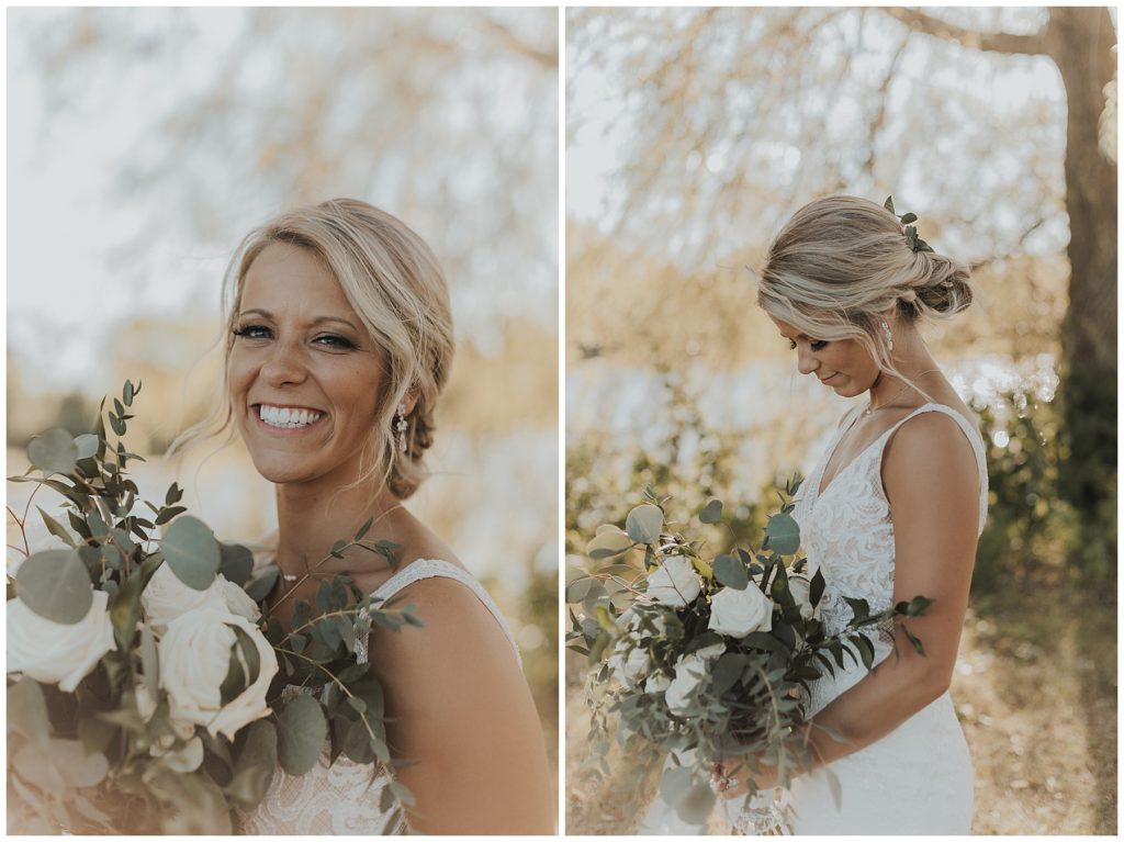 bride and groom portraits, bride wearing a white sleeveless gown and holding a bouquet of white roses and eucalytpus