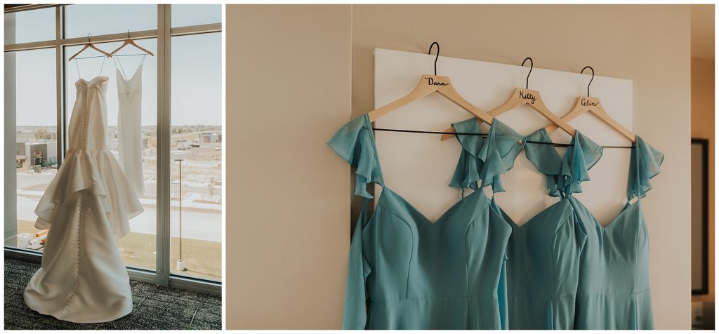 blue bridesmaid dresses hanging up