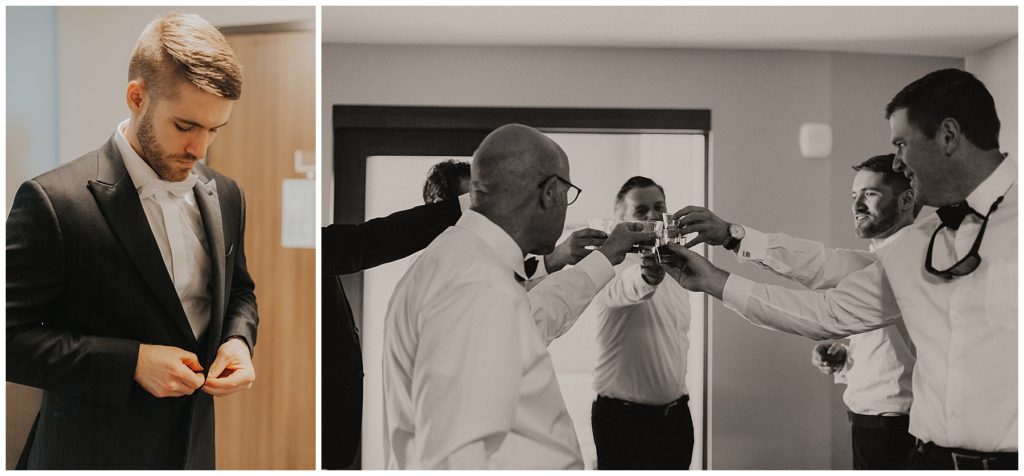 groom getting ready on wedding day, putting on suit and tie
