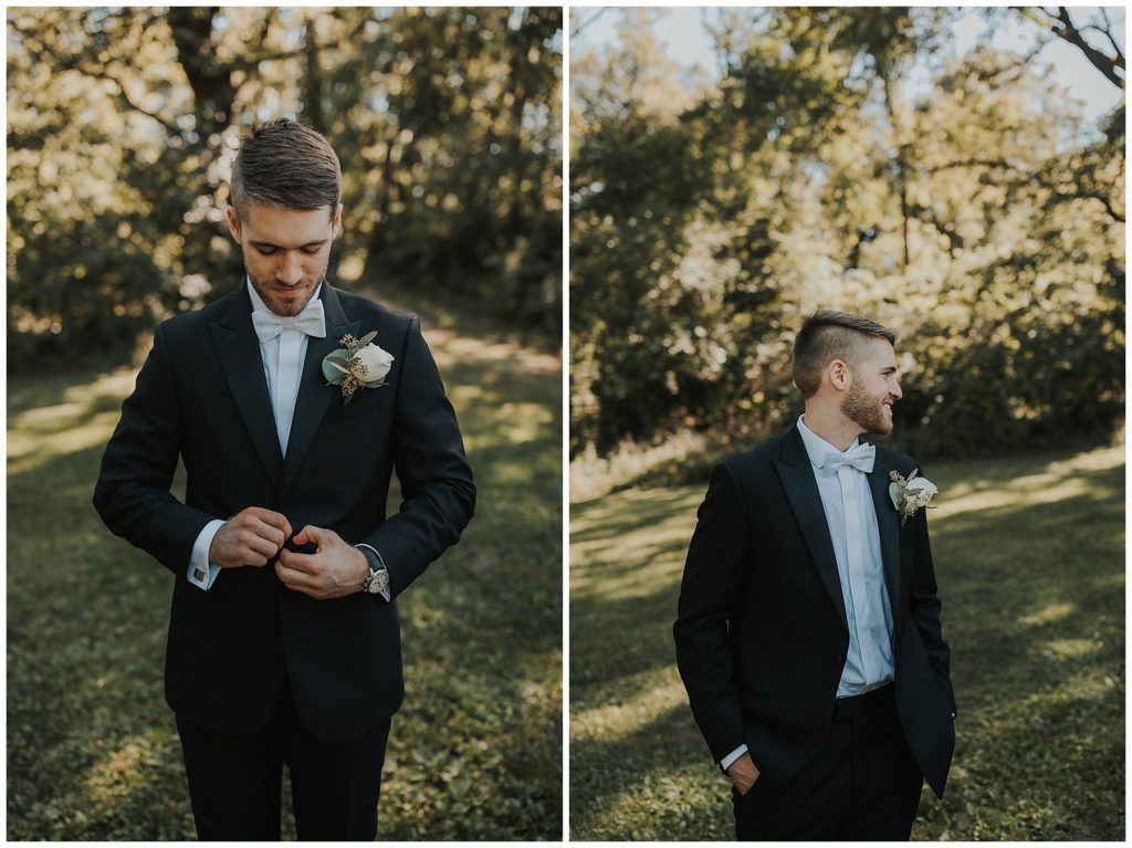 groom portraits, wearing white rose boutonniere