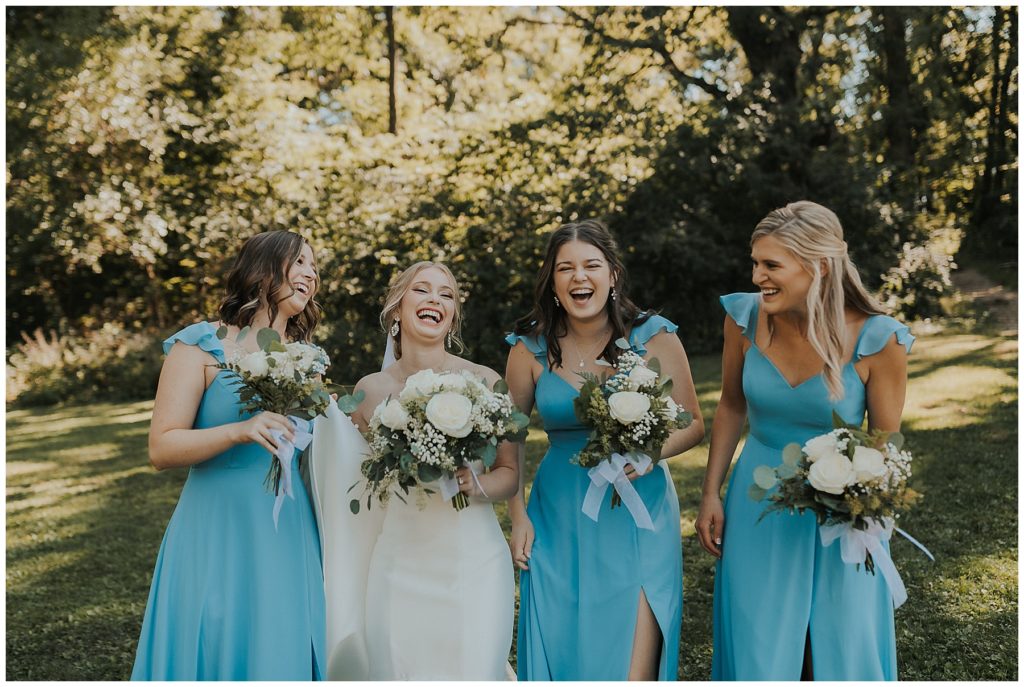bridal party photos, bridesmaids wearing blue dresses