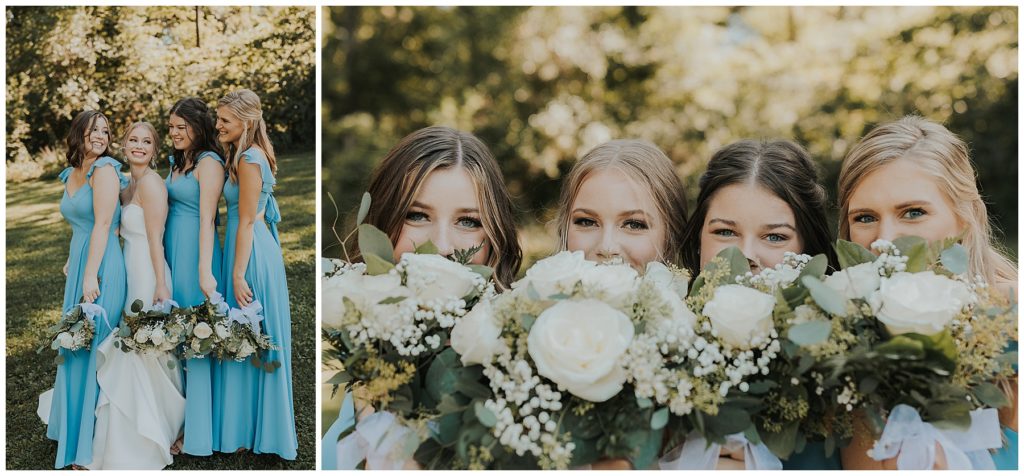 bridal party photos, bridesmaids wearing blue dresses and holding bouquets of white roses, babies breath, and eucalyptus