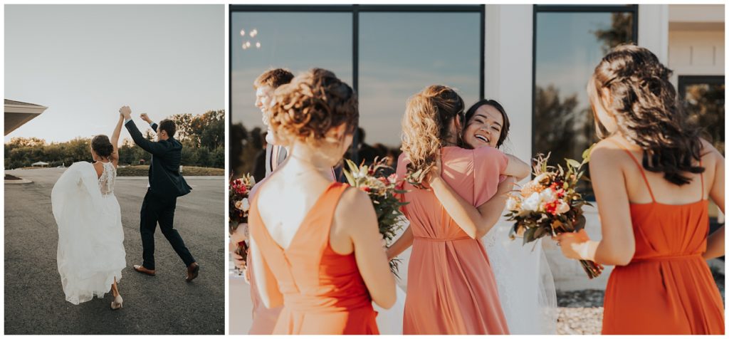 bridal party portraits on wedding day at lac la belle, holding burnt orange and blush bouquets