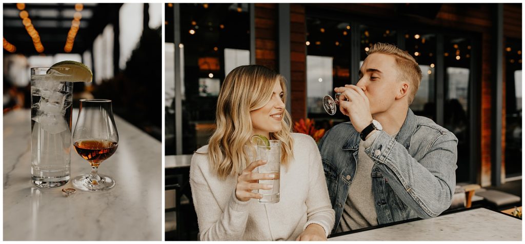 couples engagement session at a hotel bar in wisconsin