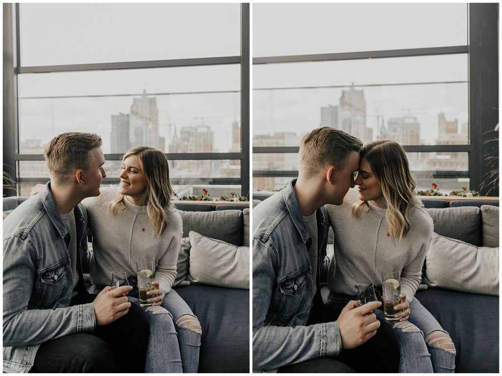 couples engagement session at a hotel bar in wisconsin