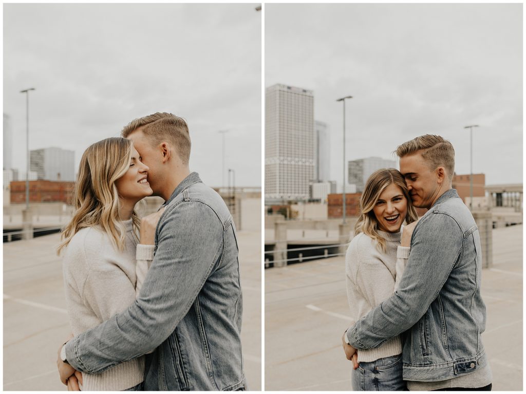 couples engagement session on a city rooftop in wisconsin
