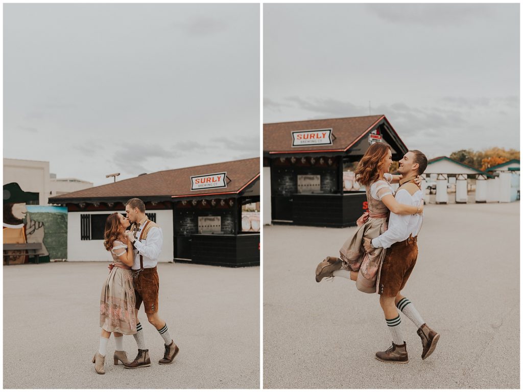 outdoor engagement session at the Oktoberfest grounds in La Crosse, Wisconsin. Couple is wearing traditional German outfits