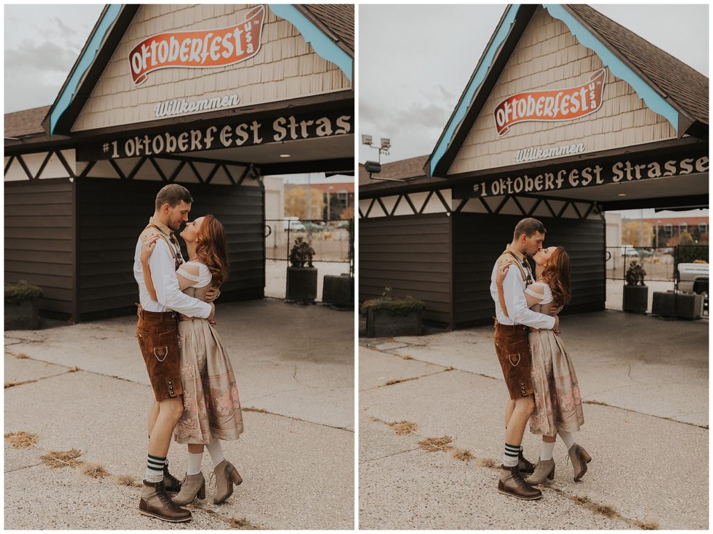 outdoor engagement session at the Oktoberfest grounds in La Crosse, Wisconsin. Couple is wearing traditional German outfits