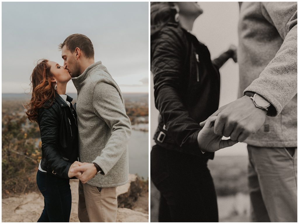 outdoor engagement session, girl wearing black leather jacket