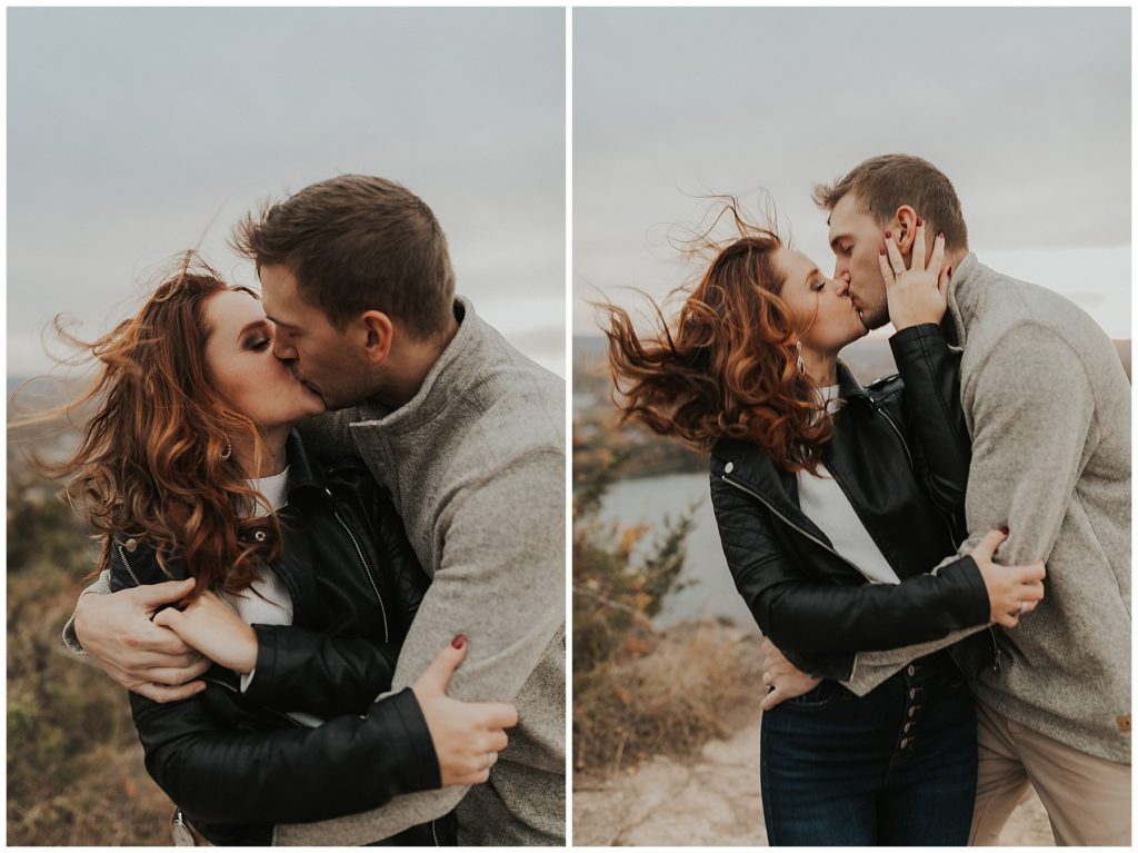 outdoor engagement session, girl wearing black leather jacket