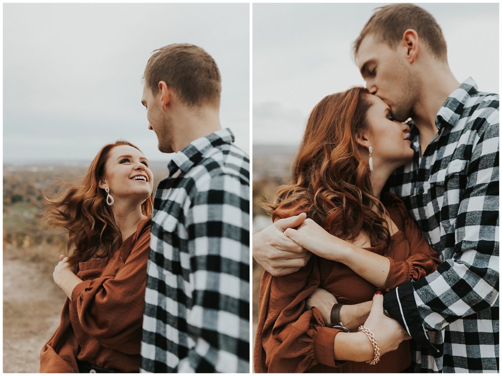 outdoor engagement session, girl wearing velvet rust colored blouse and guy wearing plaid shirt