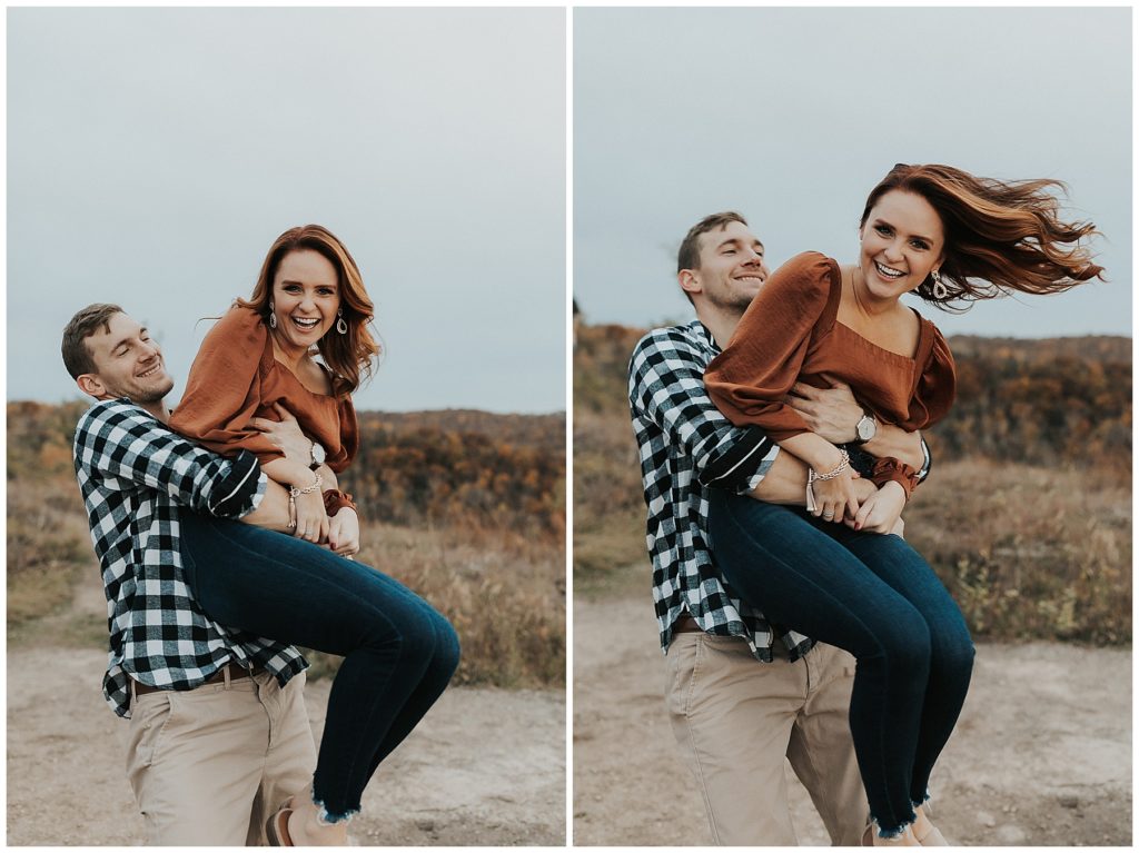 outdoor engagement session, girl wearing velvet rust colored blouse and guy wearing plaid shirt